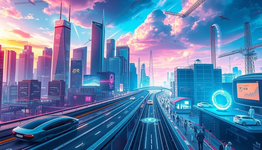 A futuristic cityscape bathed in a neon glow, skyscrapers and holographic displays soaring into a vibrant, cyberpunk sky. In the foreground, sleek autonomous vehicles glide along elevated highways, while digital currency transactions flash across transparent touchscreens. The middle ground is bustling with holographic projections, AI-powered robots, and a diverse array of people immersed in the digital economy. The background features towering data centers and satellite networks, symbolizing the technological infrastructure powering this digital revolution. A sense of dynamism, innovation, and limitless potential permeates the scene, capturing the essence of the Digital Economy Revolution of 2025.
