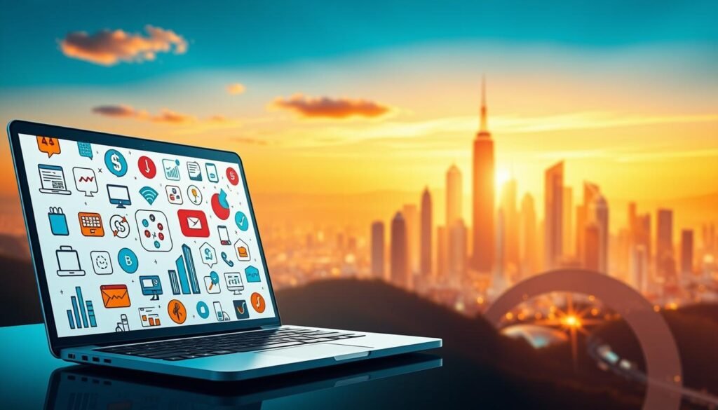 A vibrant, dynamic digital landscape showcasing various online business opportunities. In the foreground, a laptop display depicts a diverse array of icons representing e-commerce, freelancing, digital marketing, and other lucrative online ventures. The middle ground features a stylized city skyline with futuristic, high-tech buildings, symbolizing the growth and innovation of the digital economy. The background is bathed in a warm, golden glow, creating a sense of optimism and opportunity. The lighting is soft and diffused, with a slight vignette effect to draw the viewer's attention to the central focus. The overall scene conveys a sense of infinite possibilities and the potential for financial success in the digital age.